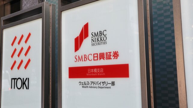 SMBC Nikko Securities Nihonbashi Branch office signage and Wealth Advisory Department branding next to Itoki corporation logo on a building exterior - Tokyo, Japan, May 15, 2024