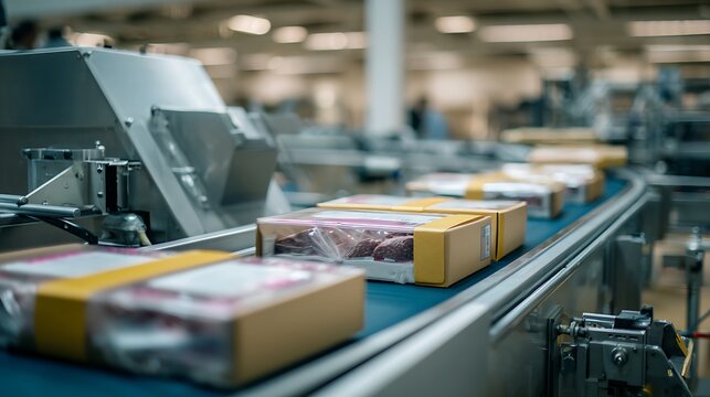 Packaged fresh food line, salad boxes being sealed automatically, hygienic packaging system, modern food factory,