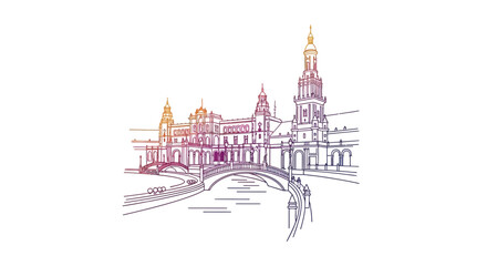 Fototapeta premium Seville Plaza de España architectural sketch with gradient colors and canal