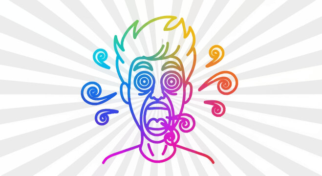 Shocked Man Face, Dizzy Eyes, Rainbow Colors, Swirls, Stunned Expression, Psychedelic Effect
