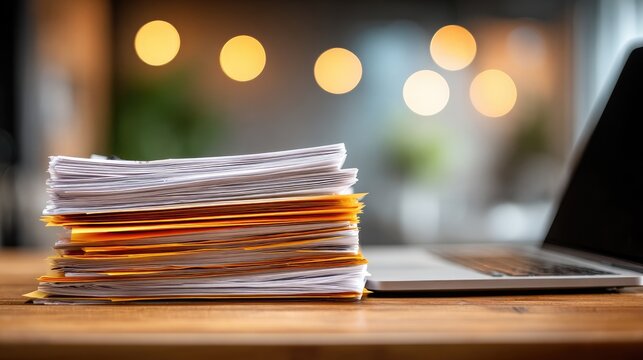 Stack of documents next to a laptop on a wooden desk