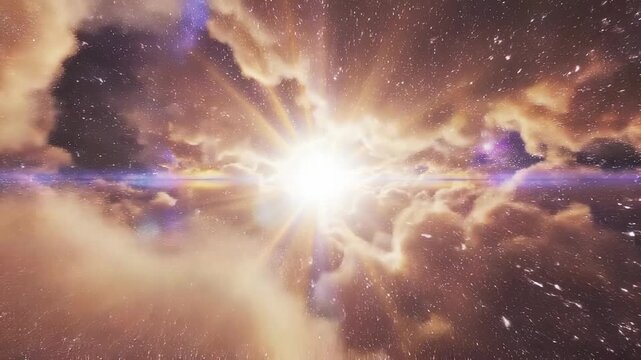 Bright sunburst shining through dramatic clouds in a starry cosmic sky with warm tones