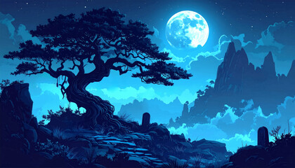 Fototapeta premium Large tree with blue moon above glowing clouds. Dreamy night sky landscape for fantasy posters. Celestial mountain view with mist and stars