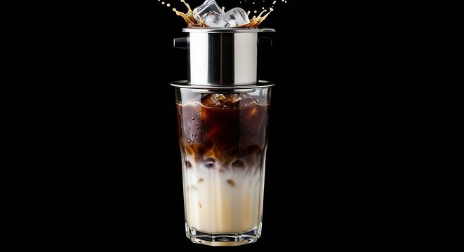 A tall glass of layered Vietnamese Iced Milk Coffee (C&agrave; Ph&ecirc; Sữa Đ&aacute;) showing dark coffee on top and thick white condensed milk at the bottom. Ice cubes and a stainless steel drip filter (Phin) resting 
