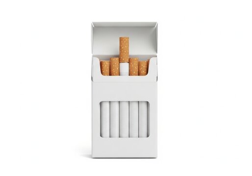 Open cigarette pack with five cigarettes visible on white surface