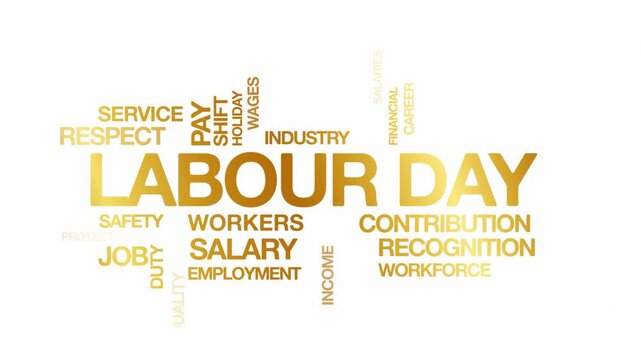 Labour day concept Animated Tag Word Cloud kinetic typography, Text Design Animation typography seamless loop video motion graphics Intro Wordart tagcloud golden type on white background bg backdrop c