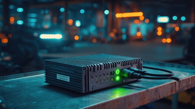 Industrial electronic device with glowing green ports on weathered surface