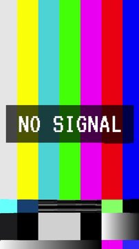 Animated tv static color with no signal text. Animated error video damage bad interference with noise and glitch effect