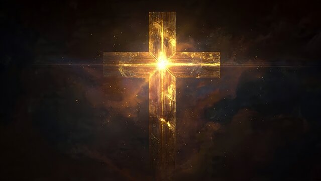 A radiant gold cross stands against a heavenly background, radiating hope and faith with a spiritual glow. 