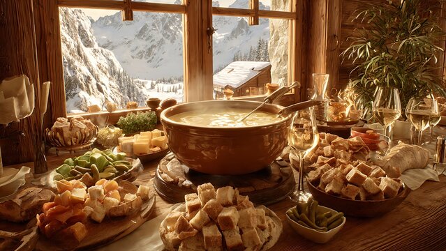 A inviting cheese fondue setup with various accompaniments, evoking a sense of warmth and festive gathering in a cozy interior. 