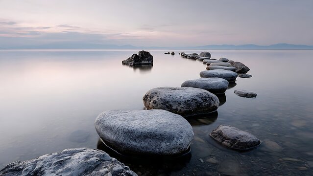 A serene path of stepping stones leads across calm water towards the tranquil horizon, a symbol of journey and peaceful transition. 
