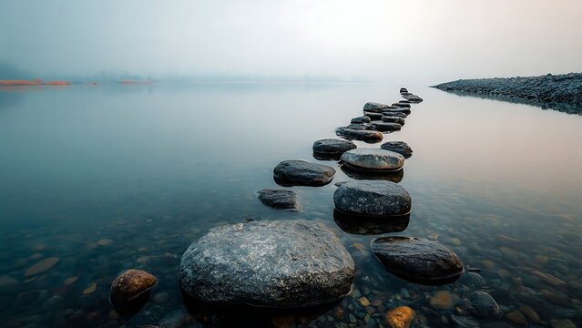 A scenic stone path leads across serene water, conveying tranquility and inviting contemplation amidst the soft light of the misty landscape.