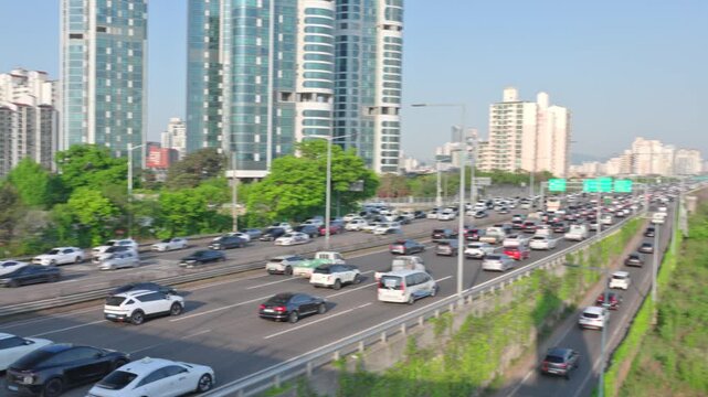 Seoul, South Korea - Apr. 24, 2026 :Panoramic view of Seoul's skyline with Lotte World Tower and Han River at sunset