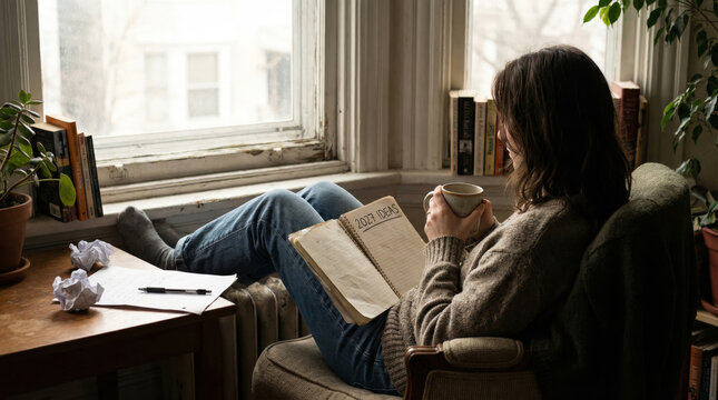 A woman thinking about 2027 goals while reading book at home, planning future ideas, personal growth, reflection, a cosy lifestyle, mindset, self-improvement concepts.