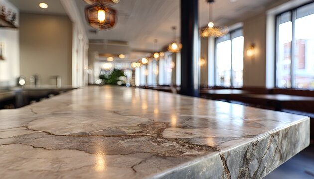 Marble countertop in an upscale, well-lit bar with booth seating