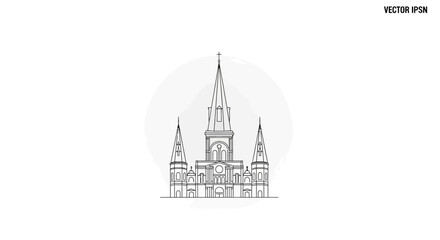 Obraz premium Minimalist Line Art Drawing of a Grand Cathedral with Tall Spires and a Cross