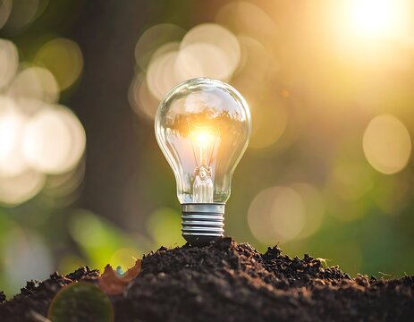 A glowing light bulb on soil with a blurry green background
