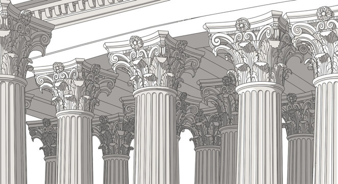 Classical Architecture Columns and Pediments - Detailed Line Art Illustration