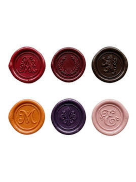 Wax seals with various designs on transparent background