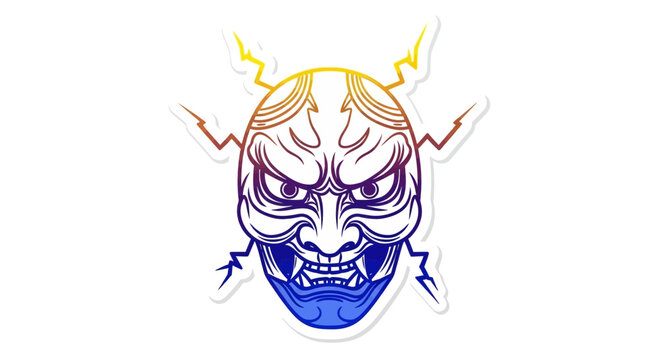 Japanese Oni Mask with Lightning Bolts, Traditional Folklore, Fierce Expression, Blue and Purple Gradient