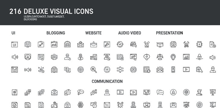 Deluxe visual outline icon collection for user interface blogging website audio video presentation and communication design elements