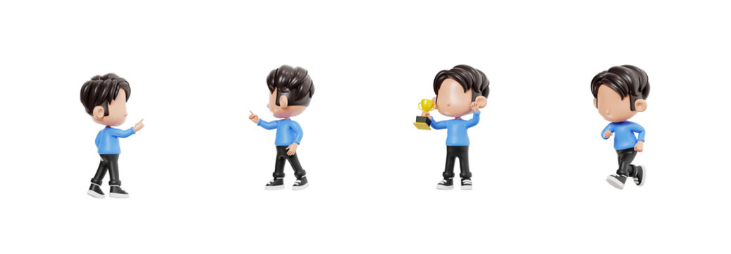 3D male character running and celebrating success with golden trophy