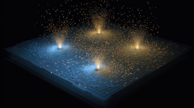 Four glowing energy fountains erupting from a grid