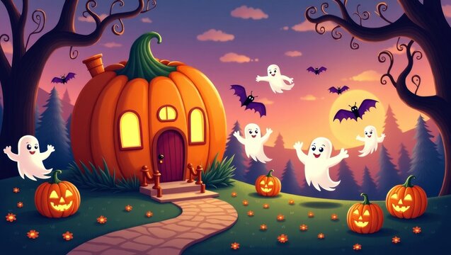 A whimsical Halloween scene depicts a giant pumpkin house, adorned with friendly ghosts and bats, illuminated by the warm glow of a sunset.