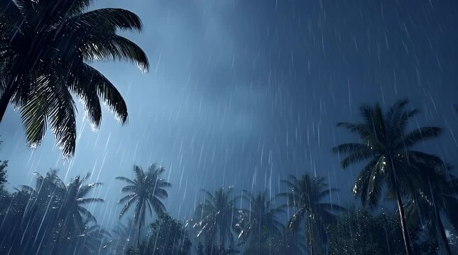 Tropical Rainstorm Over Palm Trees - Moody Night Scene with Heavy Rainfall and Lush Greenery Evoking a Sense of Drama and Natural Power