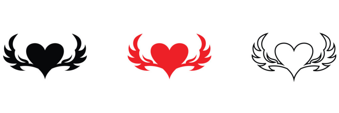 Winged Heart Icon Set .  Love Symbol with Wings in Black Red and Outline Styles. 