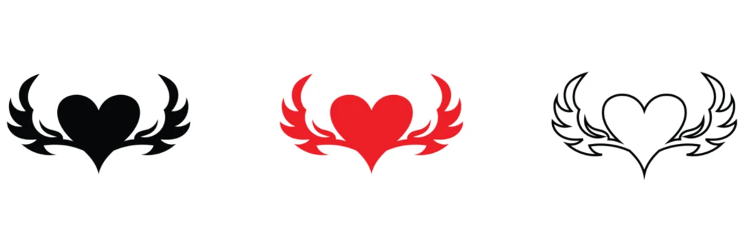 Winged Heart Icon Set . Love Symbol with Wings in Black Red and Outline Styles.