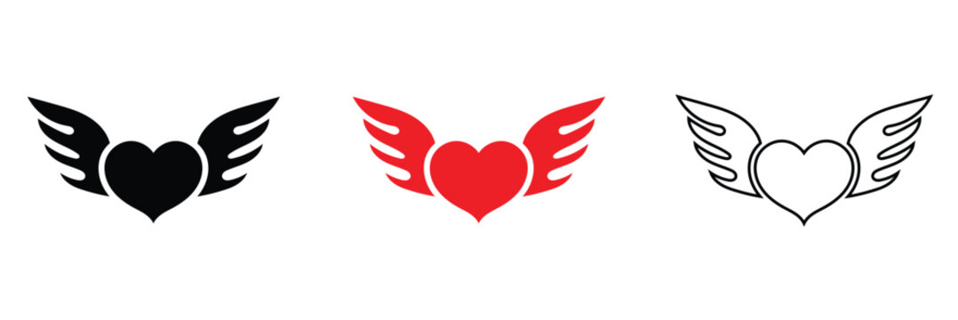 Winged Heart Icon Set .  Love Symbol with Wings in Black Red and Outline Styles. 