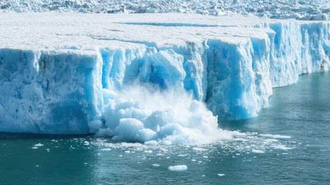 large chunk of glacier ice is breaking off and falling into the cold blue ocean, creating splashes and floating ice debris.