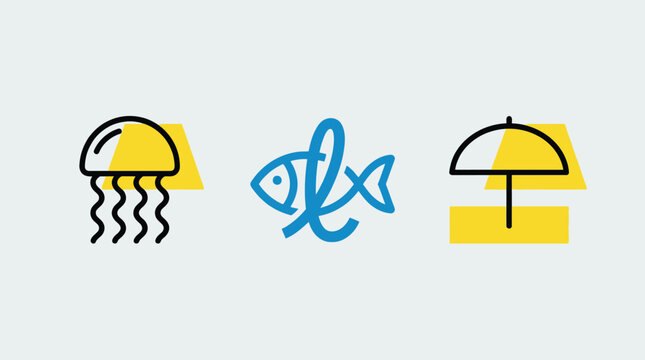 Set Of Three Minimalist Blue And Black Icons Including A Jellyfish A Stylized Fish And A Beach Umbrella Over Yellow.