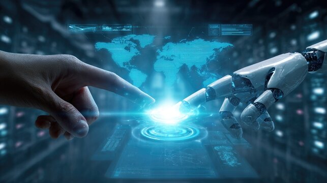 Human hand and robot finger touch holographic glowing interface