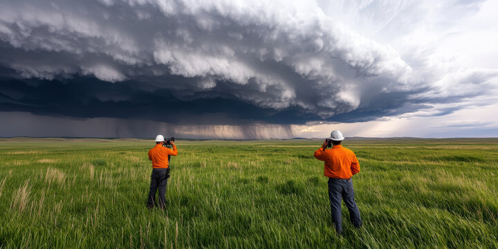 Two storm chasers in orange jackets observe and photograph a massive, dark storm cloud formation over a vast green field.