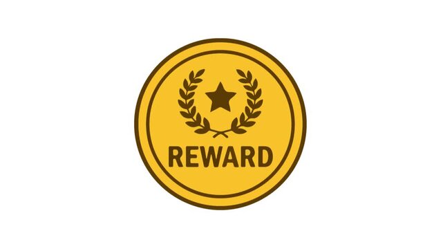 Golden reward badge with a star and laurel wreath rotates and shines, depicting achievement, success, and recognition in an animated video clip, perfect for games, loyalty programs, or winning 