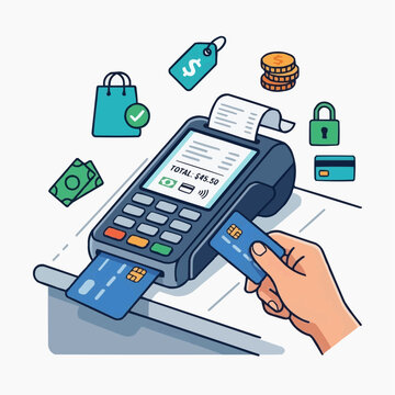 Modern Transaction: A close-up illustration of a Point of Sale (POS) system, showcasing a credit card transaction and representing the evolving landscape of digital payments.
