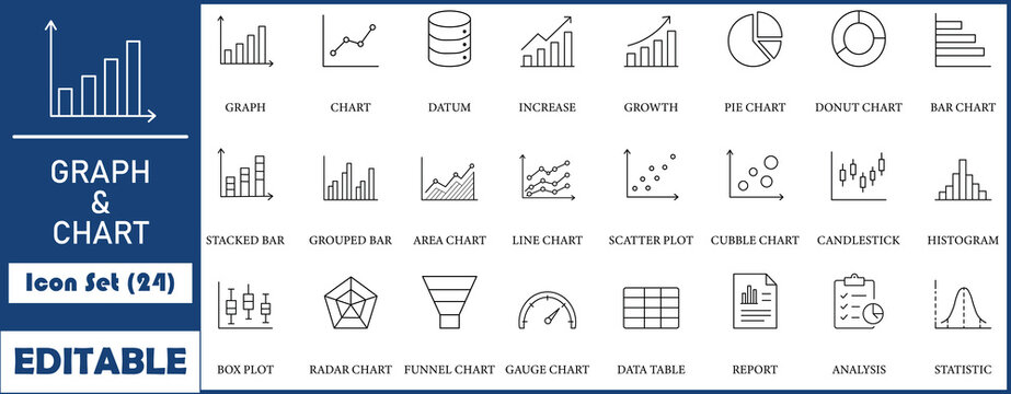 Graph and Chart icon set. Containing data, increase, growth, pie chart, data analytics, business, report and more. Solid vector icons collection.