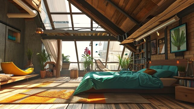 Sunlit Rustic Loft Bedroom with Wooden Beams, Skylights, and Lush Indoor Plants