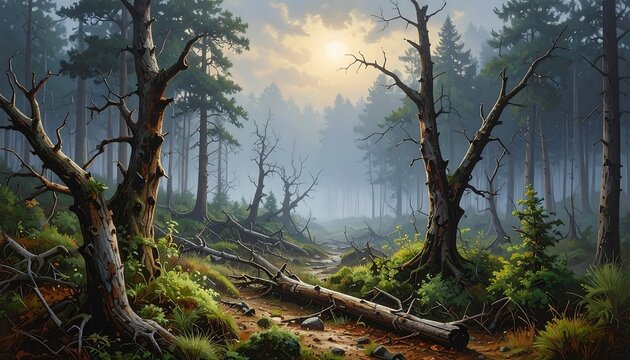 A misty forest scene featuring dead trees in the foreground, with a path winding back to a sunlit clearing
