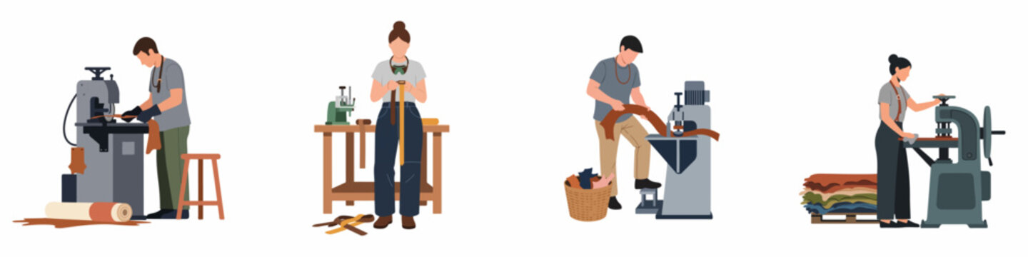 Set of Illustrations Featuring Leather Artisans Working with Specialized Machines and Tools in a Workshop, Isolated on White Background.