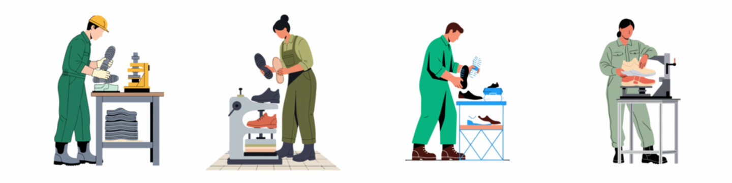 Diverse factory workers assembling and manufacturing footwear in an industrial setting, featuring male and female characters in flat vector style.