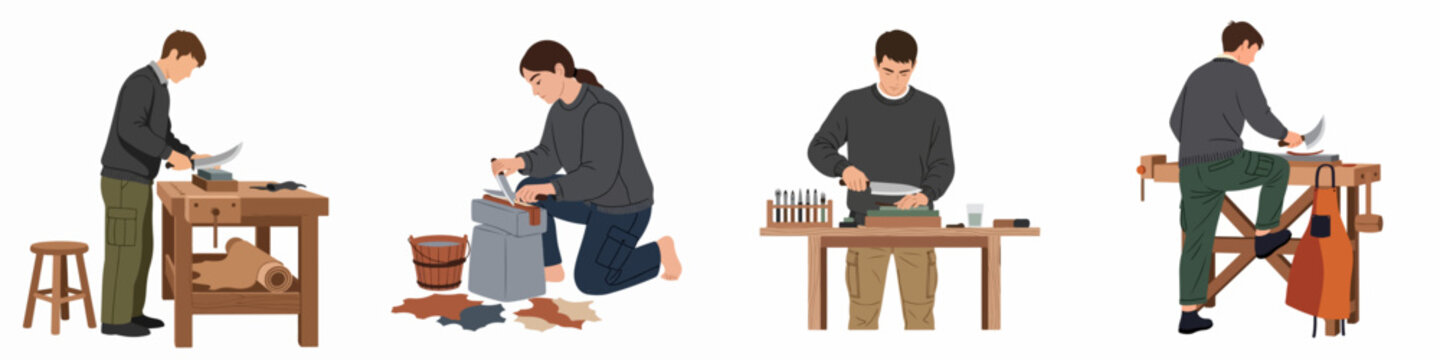 Flat vector illustration set of craftspeople sharpening knives on whetstones for leatherworking and traditional tanning crafts on a white background.