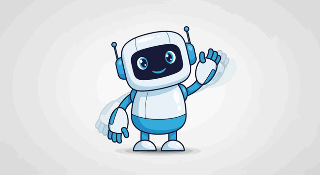 Friendly cartoon robot waving hello, cute character for technology and AI concepts
