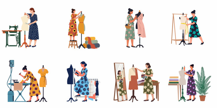 Set of professional female fashion designers and seamstresses working in a tailoring studio with sewing machines, mannequins, and fabrics.