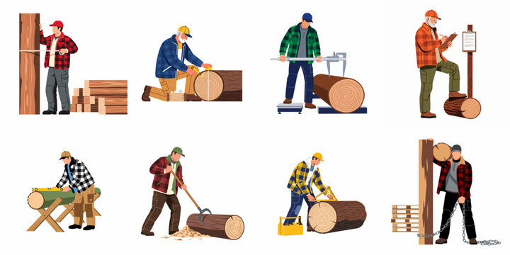Collection of lumberjacks and woodworkers measuring, marking, and handling logs and timber in a series of isolated vector illustrations.