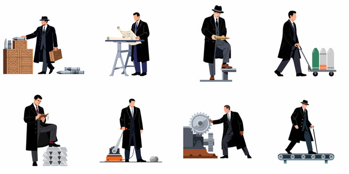 Illustration collection of men in vintage coats working in industrial, munitions, and production settings, featuring blueprints, machinery, and logistics themes.