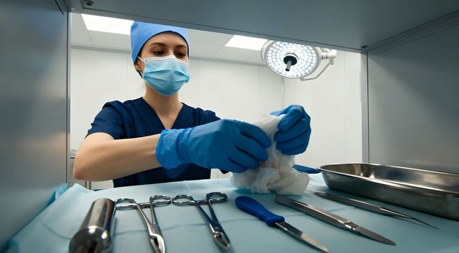 Surgical assistant preparing tools in sterile operating room