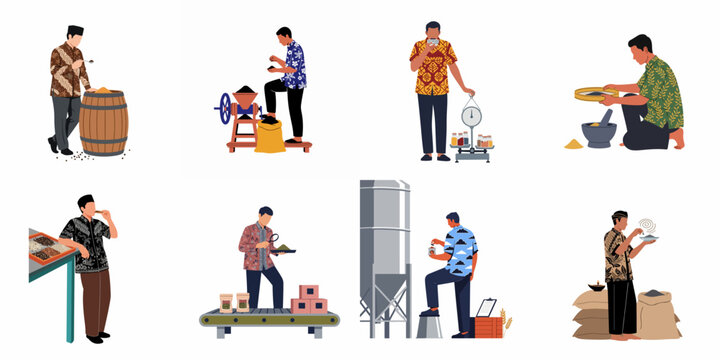 Indonesian men in batik shirts performing various tasks in the coffee and spice industry, from manual grinding to industrial quality control and packaging.
